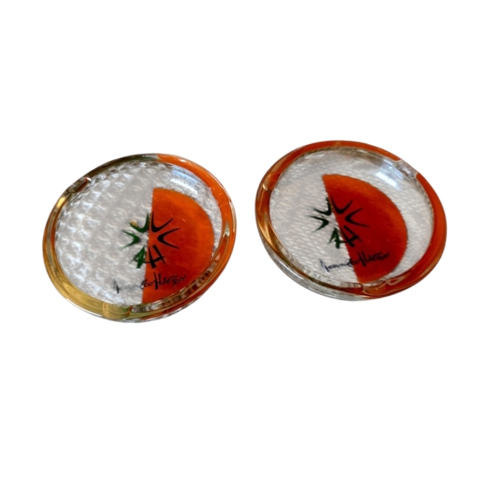 Acapulco Hilton 50's Vintage Clear Glass Ashtrays Set Of 2 Orange And Green Logo